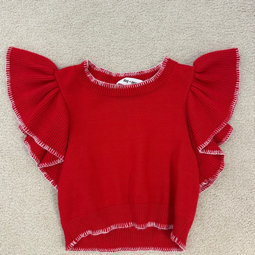 Red Ruffle Sleeve Knitt Top